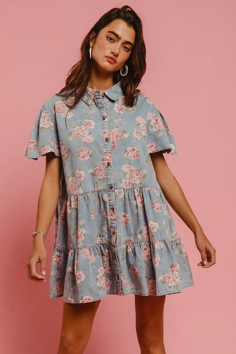 BiBi Shirt Dress Ruffle Light Denim Floral Print Washed Lightweight Tiered 2800a28064fd41fcaf3e77c95115239d-Max-Origin Trendsi