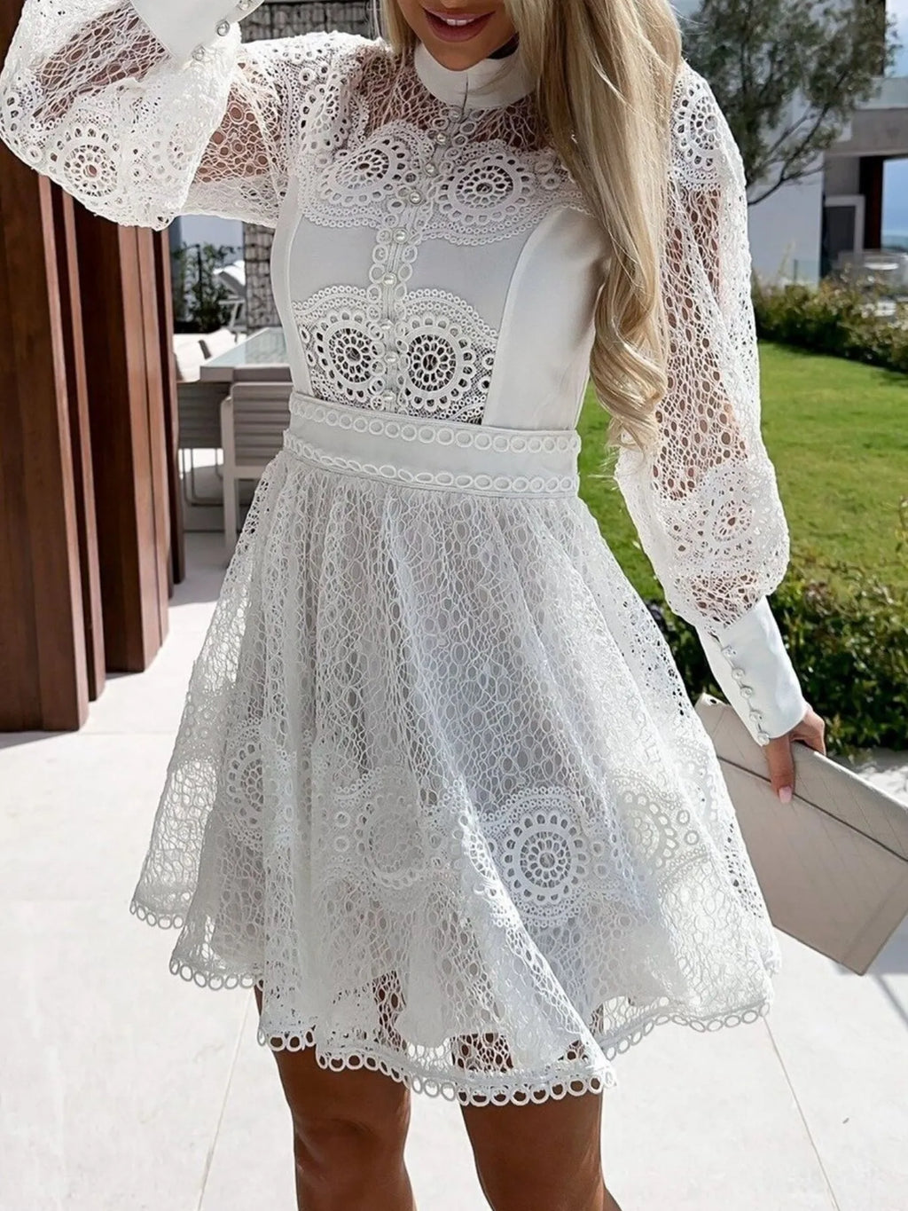 Mini Dress Floral Lace Lantern Long Sleeve Pearl Button High Neck Ruffled 2803ea9f-e2c6-4884-bbbb-7c2ed524d3ea-Max-Origin Trendsi
