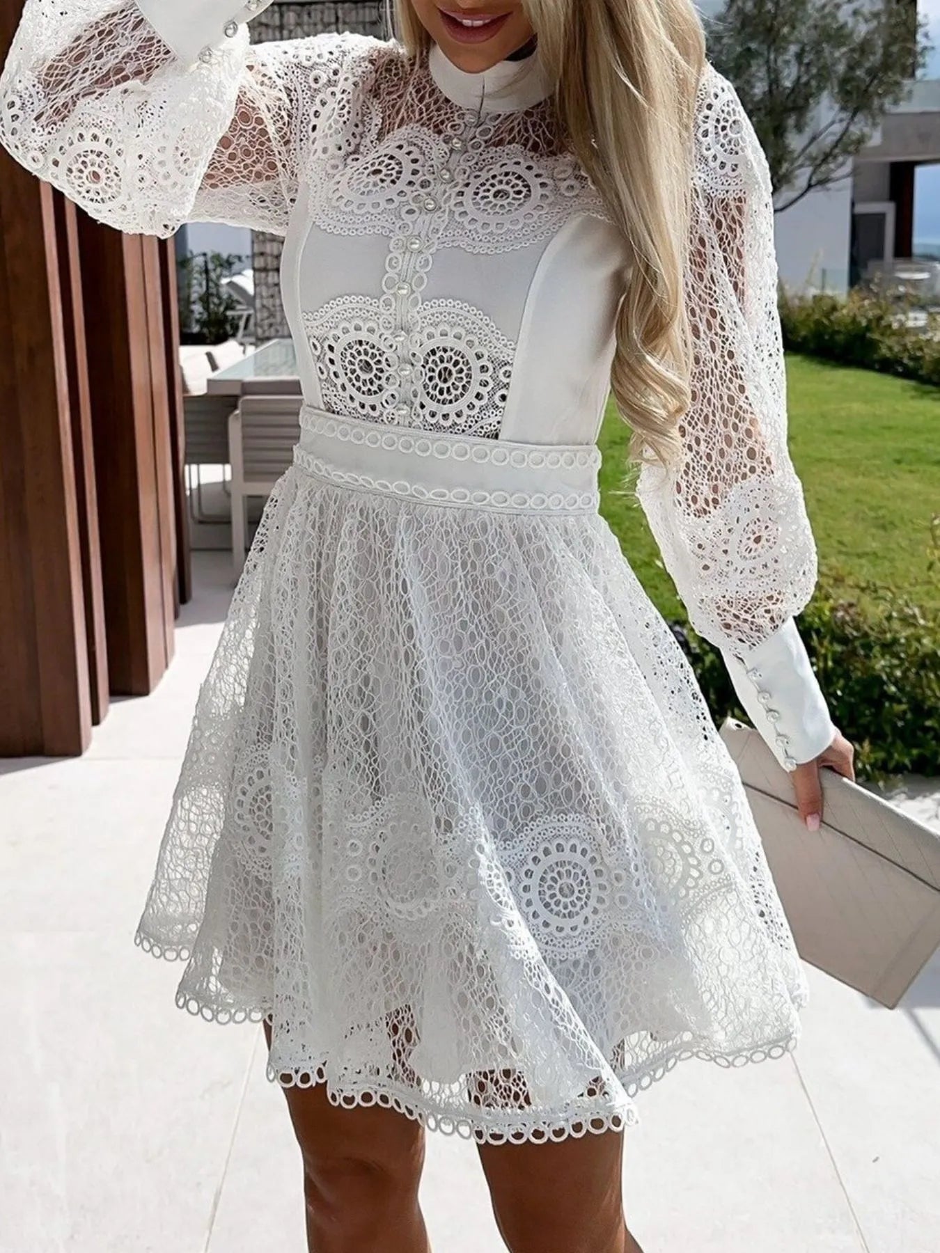 Mini Dress Floral Lace Lantern Long Sleeve Pearl Button High Neck Ruffled 2803ea9f-e2c6-4884-bbbb-7c2ed524d3ea-Max-Origin Trendsi