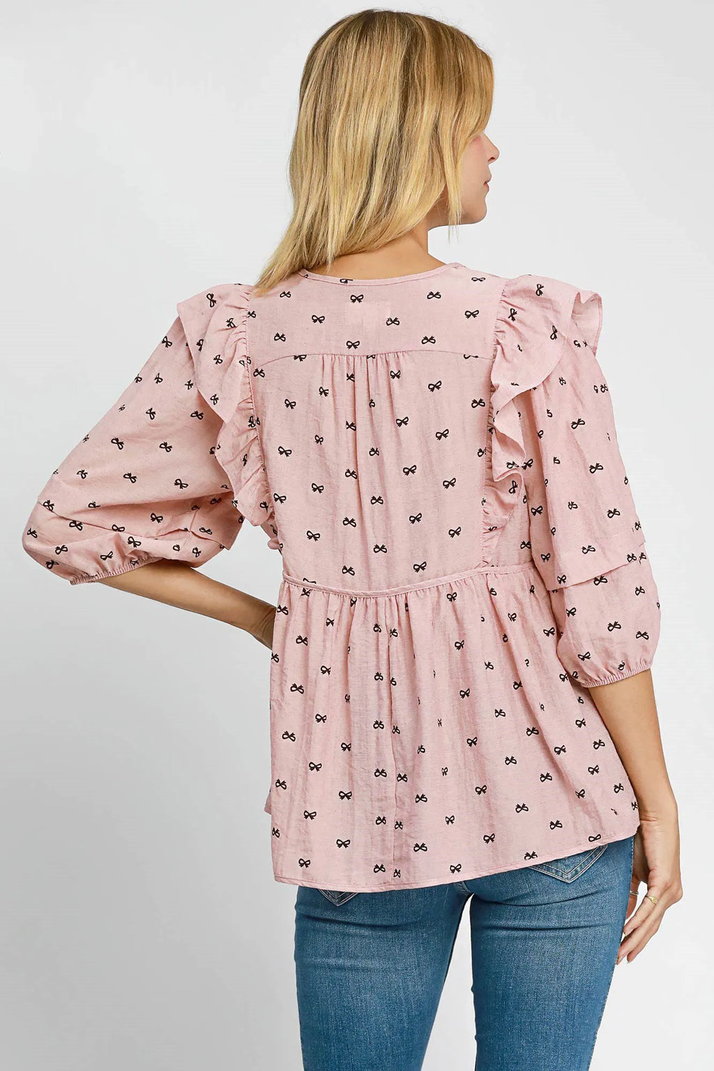 Umgee Blouse Ruffled Bow Print Tie Neck Peplum Half Sleeve Top