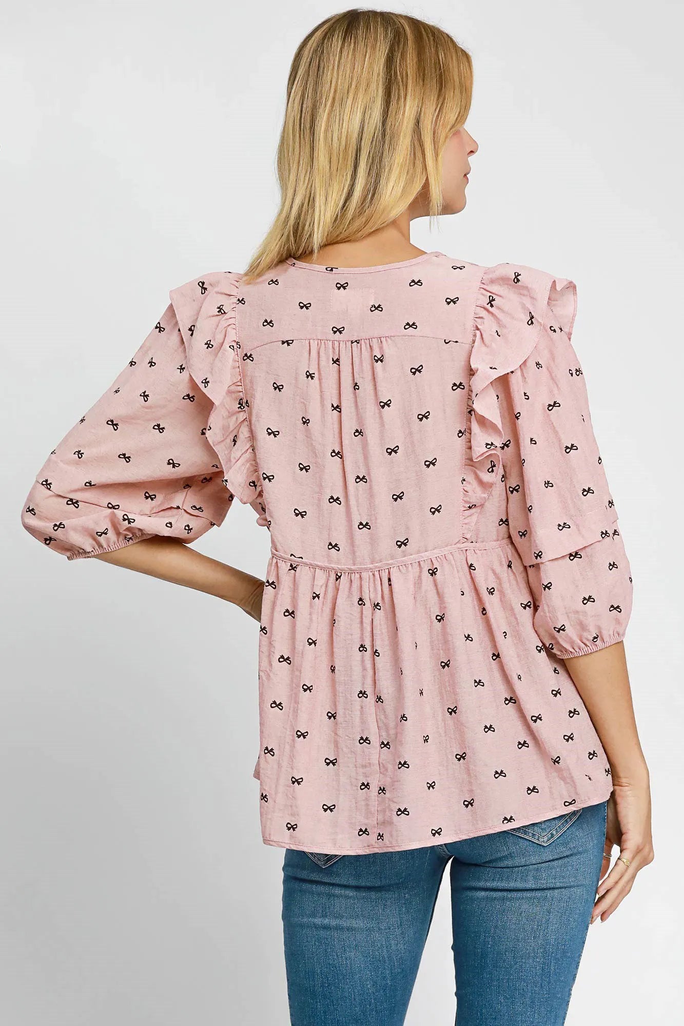 Umgee Blouse Ruffled Bow Print Tie Neck Peplum Half Sleeve Top