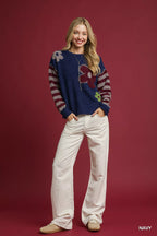 Umgee Womens Sweater Navy Flower Jacquard Striped Long Sleeve Pullover 281dde48-60c0-41ec-894b-cbaba38dcb91-Max-Origin Trendsi