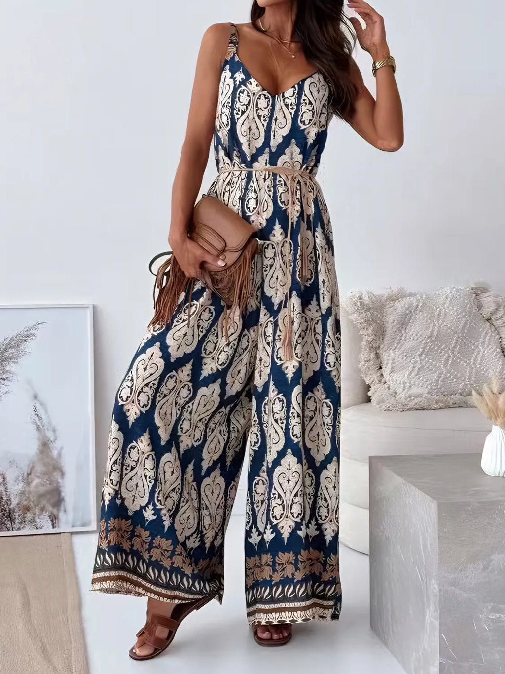 Floral Jumpsuit V-Neck Wide Leg Strappy Blue Mix Printed One Piece 2827bcd9-1cc6-4ff2-b015-1e422db7db01-Max-Origin Trendsi