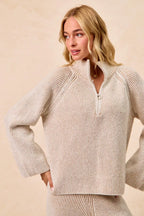 BiBi Womens Knit Top Taupe Two Tone Rib Texured with Zip Up Collared Sweater 282dee3ca31e4177b1b61fdc78b7a259-Max-Origin Trendsi