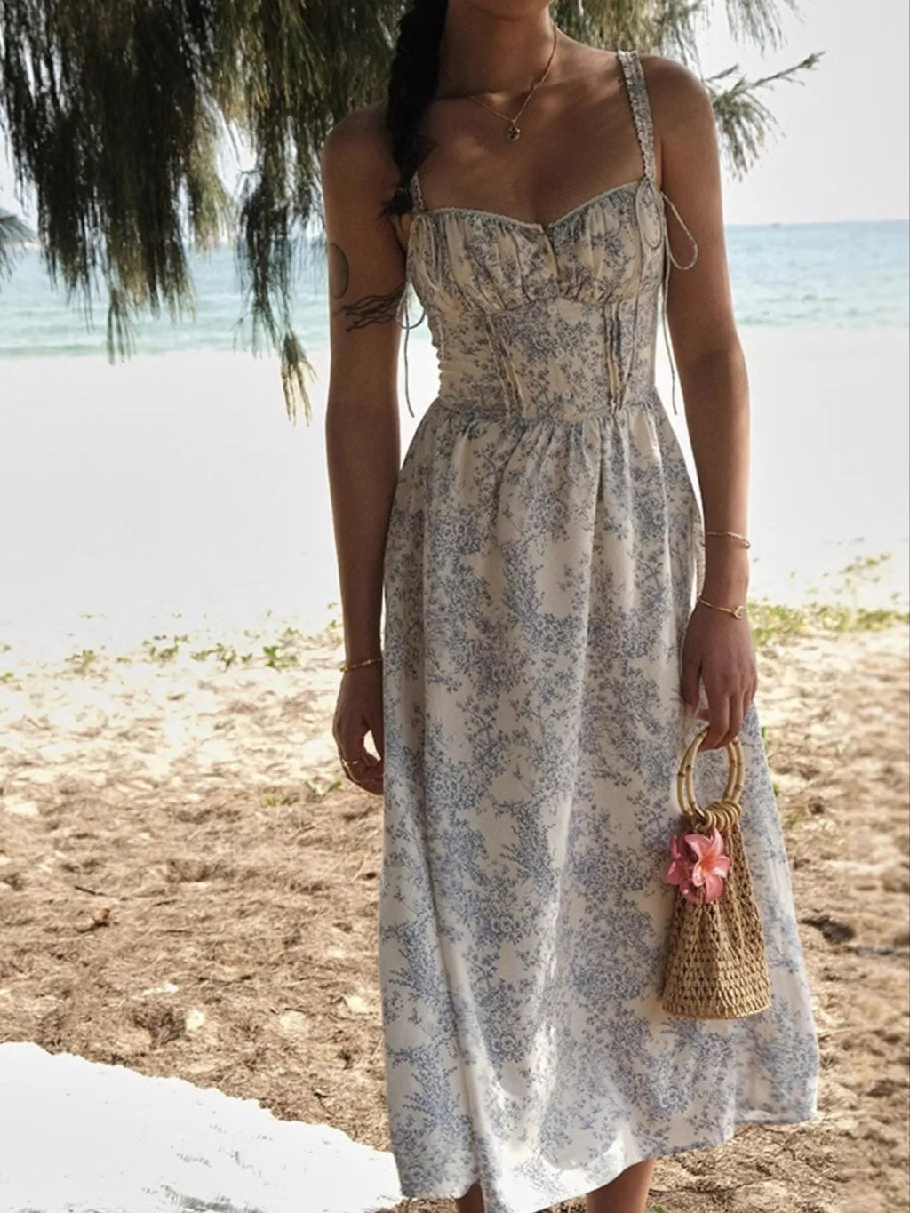 Midi Cami Dress Floral Print Light Blue Smocked Lace Up Buttoned 282df453-16df-43fa-b20c-f143535a7739-Max-Origin Trendsi