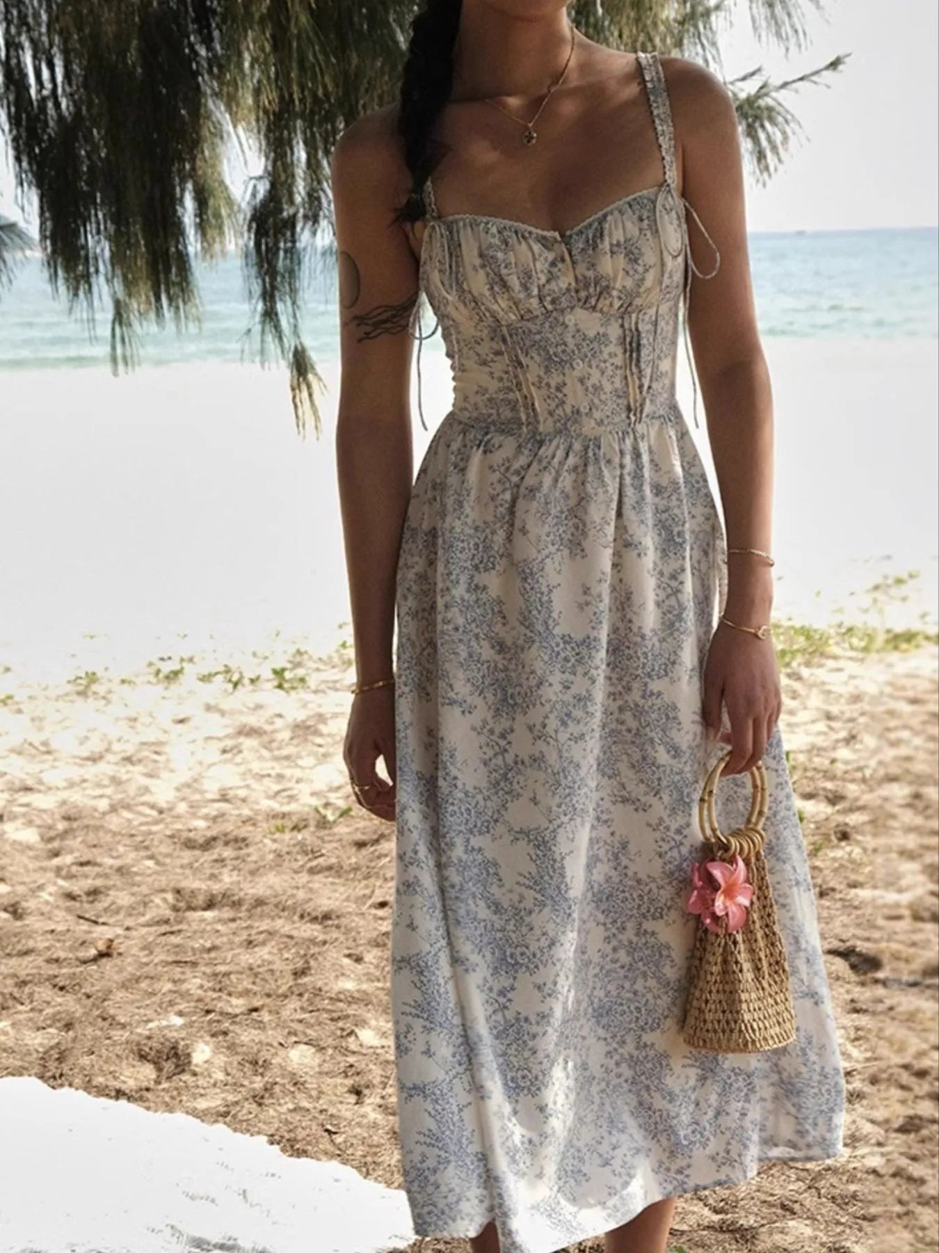 Midi Cami Dress Floral Print Light Blue Smocked Lace Up Buttoned 282df453-16df-43fa-b20c-f143535a7739-Max-Origin Trendsi