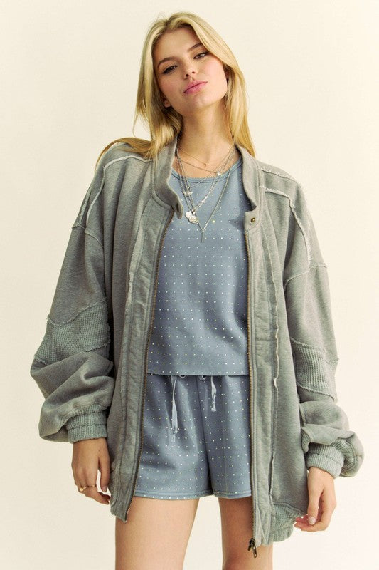 Davi & Dani USA Denim Women Gray Jacket Exposed Seam Zip Up Waffle-Knit 2832357b-8cf0-40f9-8a1e-c4351e0ef7e8-Max Trendsi