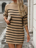 Striped Knit Mini Dress Mock Neck Long Sleeve 28380ad9-8519-4d2c-a628-d01239339c6d-Max Trendsi