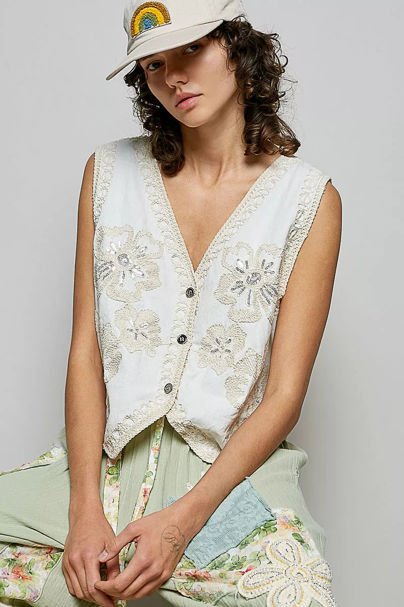 POL Embroidered Floral V-Neck Button Down Crochet Vest