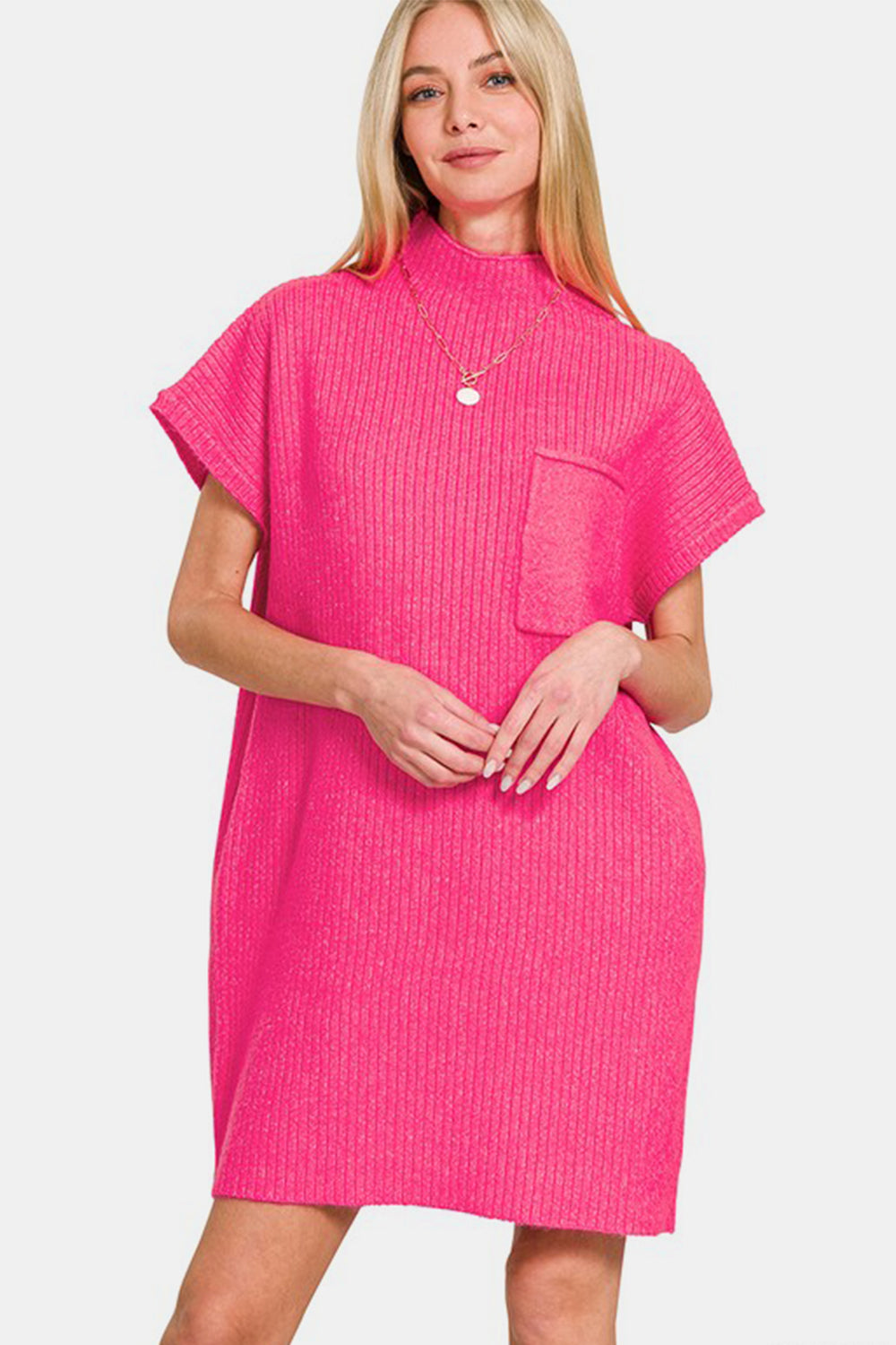 Zenana Sweater Mini Dress Knit Short Sleeve Hot Pink High Neck Patch Pocket Hot Pink 28522ddc-54e3-4ee2-93ec-bb262d5b0c69-Max Trendsi