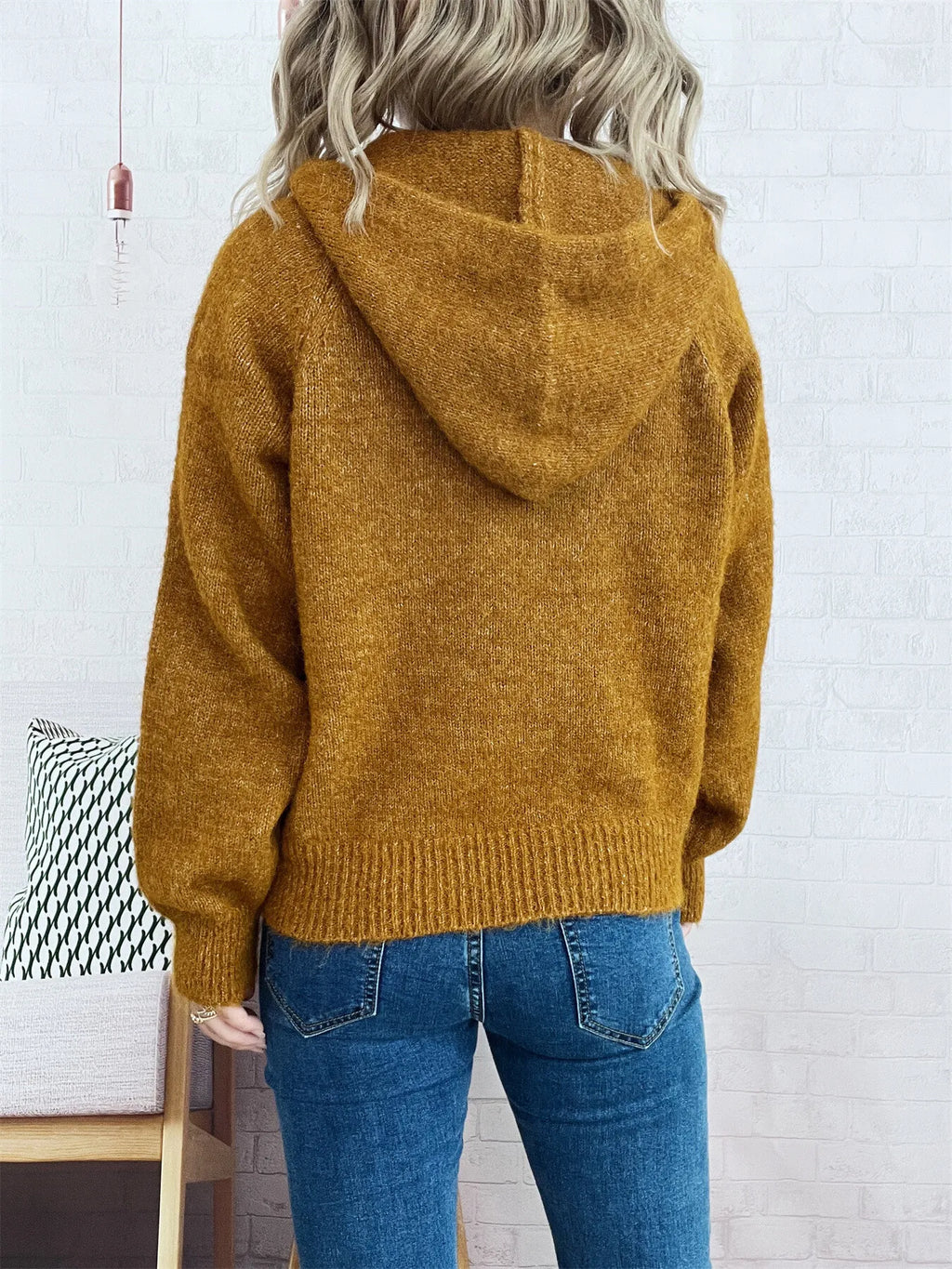 Women's Sweater Quarter Zip Hooded Ribbed Hem Long Sleeve Knitwear 2857f4e8f2574f1788c6fd57380b7ee4-Max-Origin Trendsi