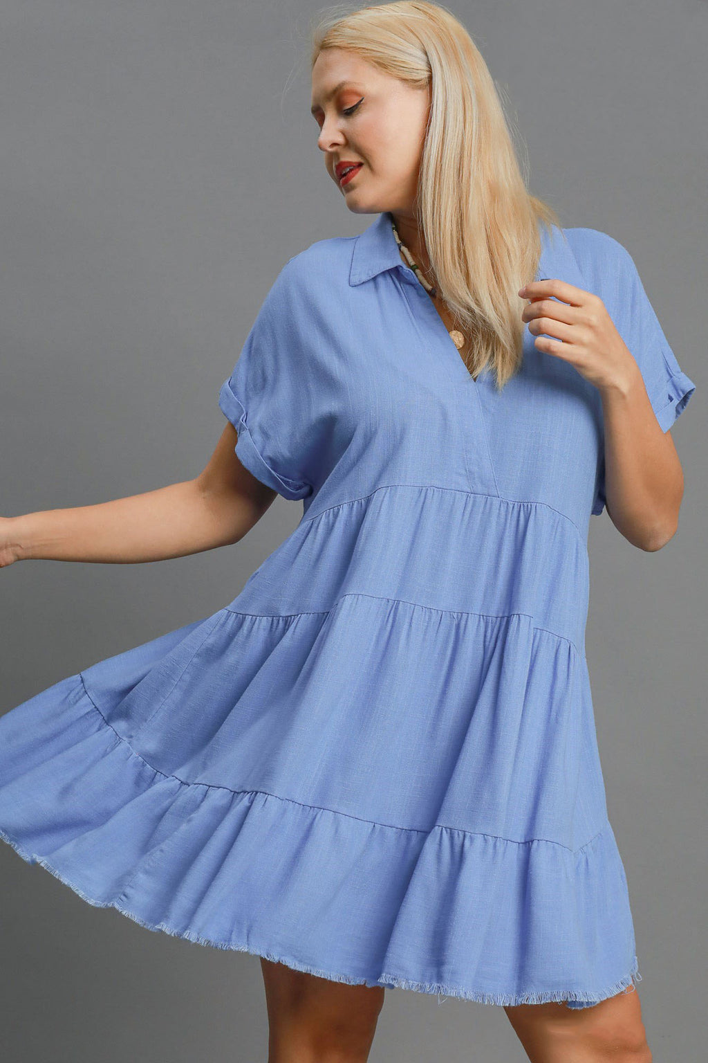 Umgee Mini Dress Sky Blue Ruffle Raw Hem Folded Sleeve Tiered 285b6aae-6642-4c15-9d2f-868a7d8055e5-Max Trendsi