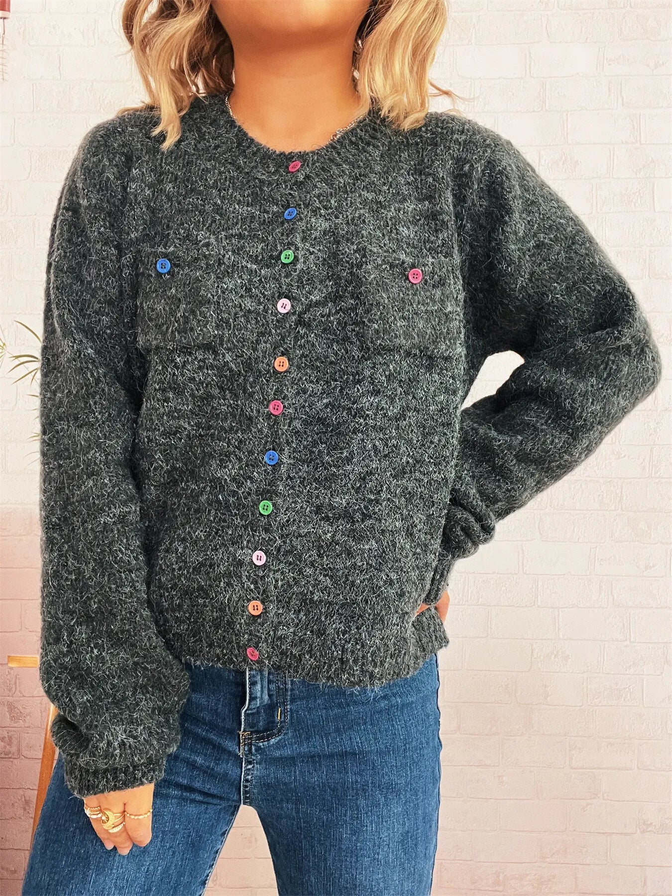 Women's Cardigan Colorful Button-Up Ribbed Hem with Chest Pocket Dark Gray One Size 285c84c660334088bad94175790b1d47-Max-Origin Trendsi