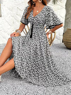 Women's Floral Midi Dress V-Neck Ruffle Short Sleeve Summer Fashion