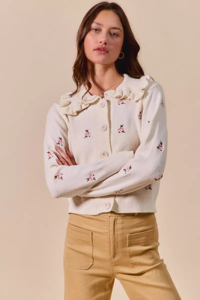 SO ME Women's Cardigan Cream Floral Embroidered Collared Long Sleeve Sweater 286298ffe183437da0057818ce6a7fa5-Max-Origin Trendsi