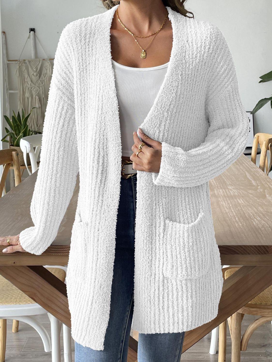 Knit Cardigan Open Front Long Sleeve Knitwear with Pockets White 2865650e-13b7-4abe-80c9-1d30ede457f8-Max Trendsi