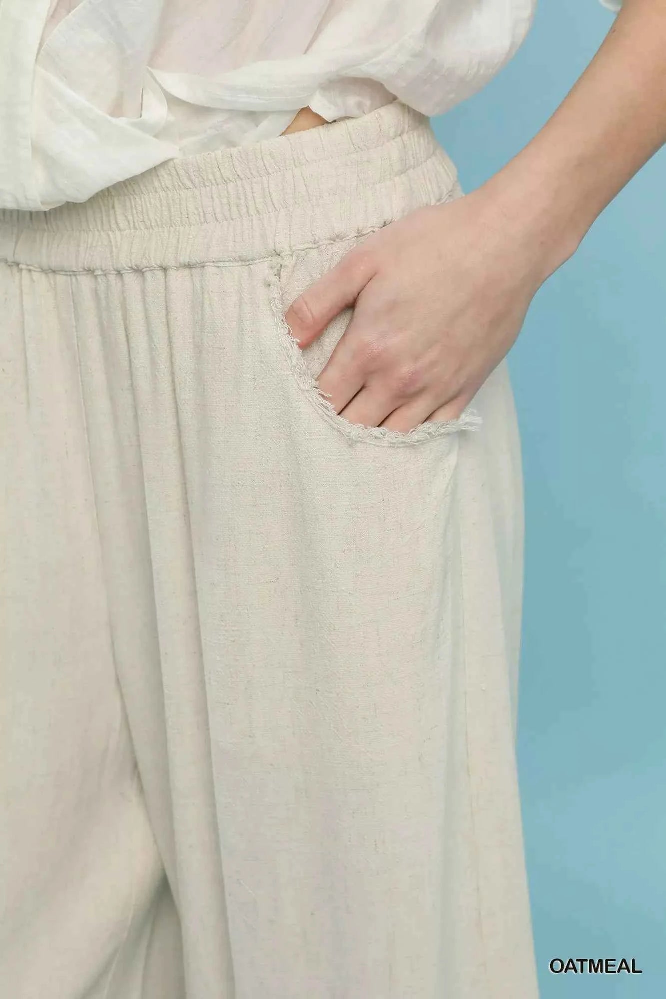 Umgee Wide Leg Linen Pants Lace Trim Fringe Hem Elastic Waist 28675d82-70d7-4104-a5f0-25908d40ea53-Max-Origin Trendsi