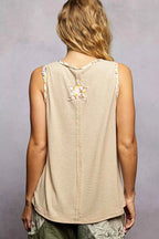 POL Washed Ribbed V-Neck Tank with Floral Print Star Patch