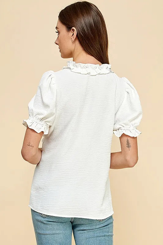 Lime 'N' Chili Babydoll Top Ivory Solid Ruffled Deep V-Neck Puff Short Sleeve 2884806aabbb4e43805300faba1f3915-Max-Origin Trendsi