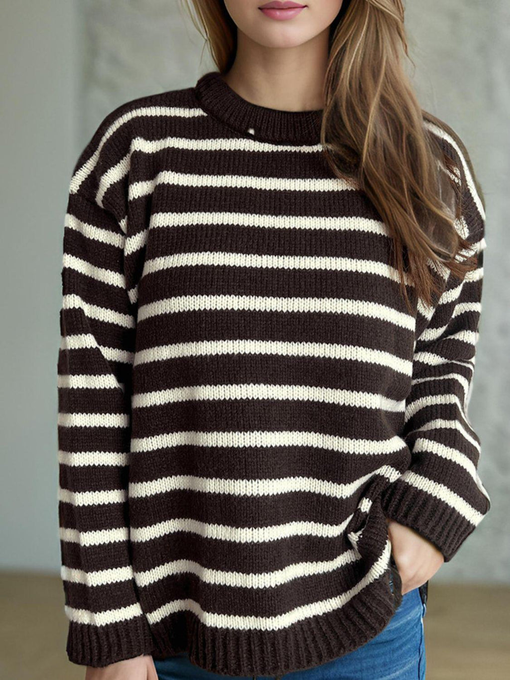 Striped Sweater Round Neck Long Sleeve Oversized Soft Knit Pullover 28873a41-aa44-4295-ab51-9216c2b3ff76-Max Trendsi