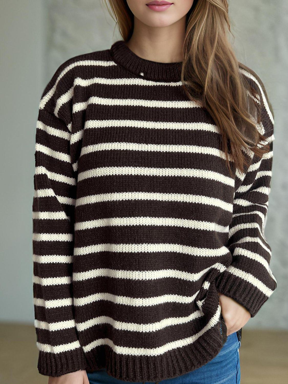 Striped Sweater Round Neck Long Sleeve Oversized Soft Knit Pullover 28873a41-aa44-4295-ab51-9216c2b3ff76-Max Trendsi