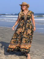 Plus Size Printed V-Neck Maxi Dress with Ruffle Cap Sleeves