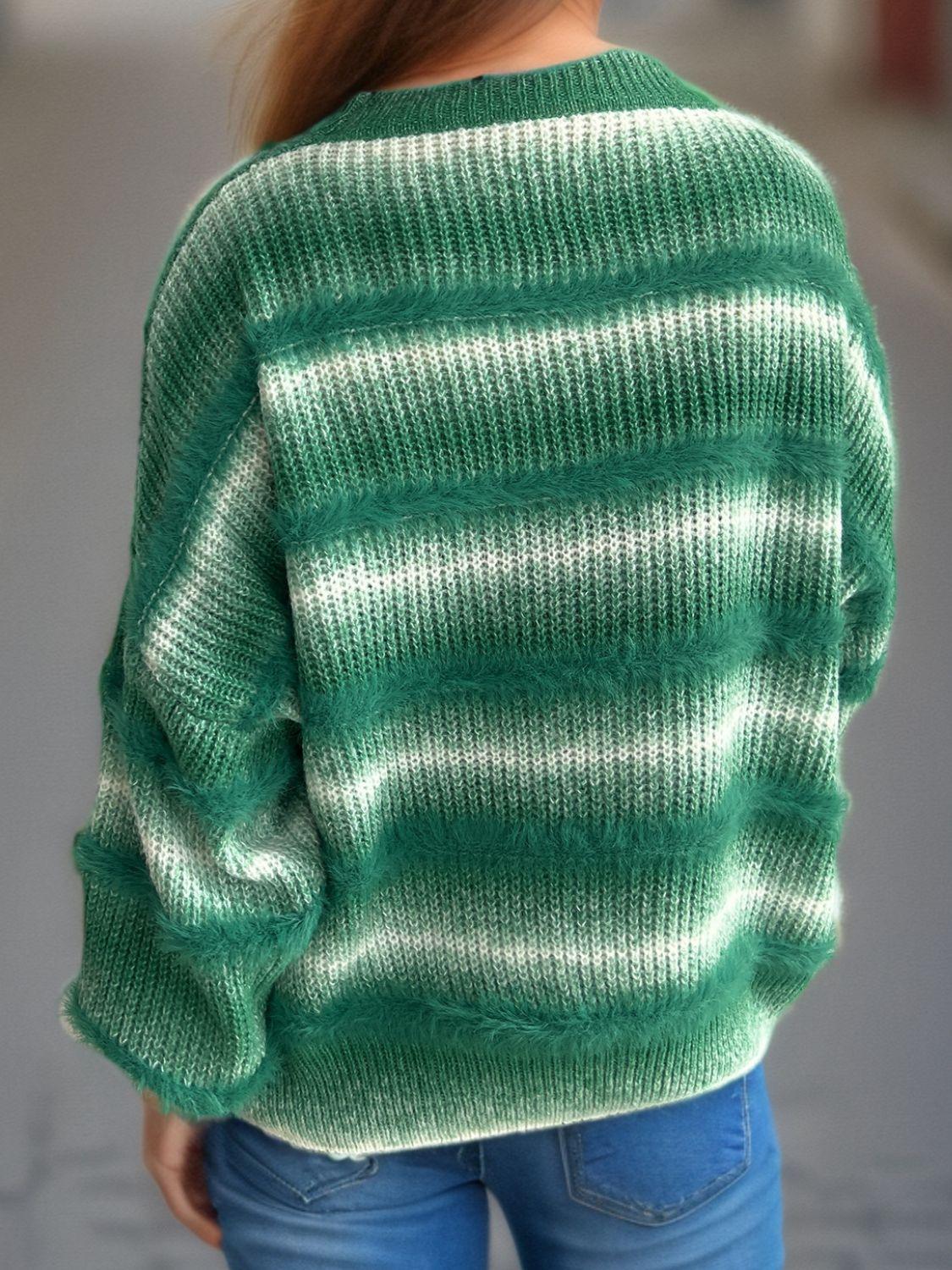 Gradient Striped Sweater Round Neck Dropped Shoulder Pullover