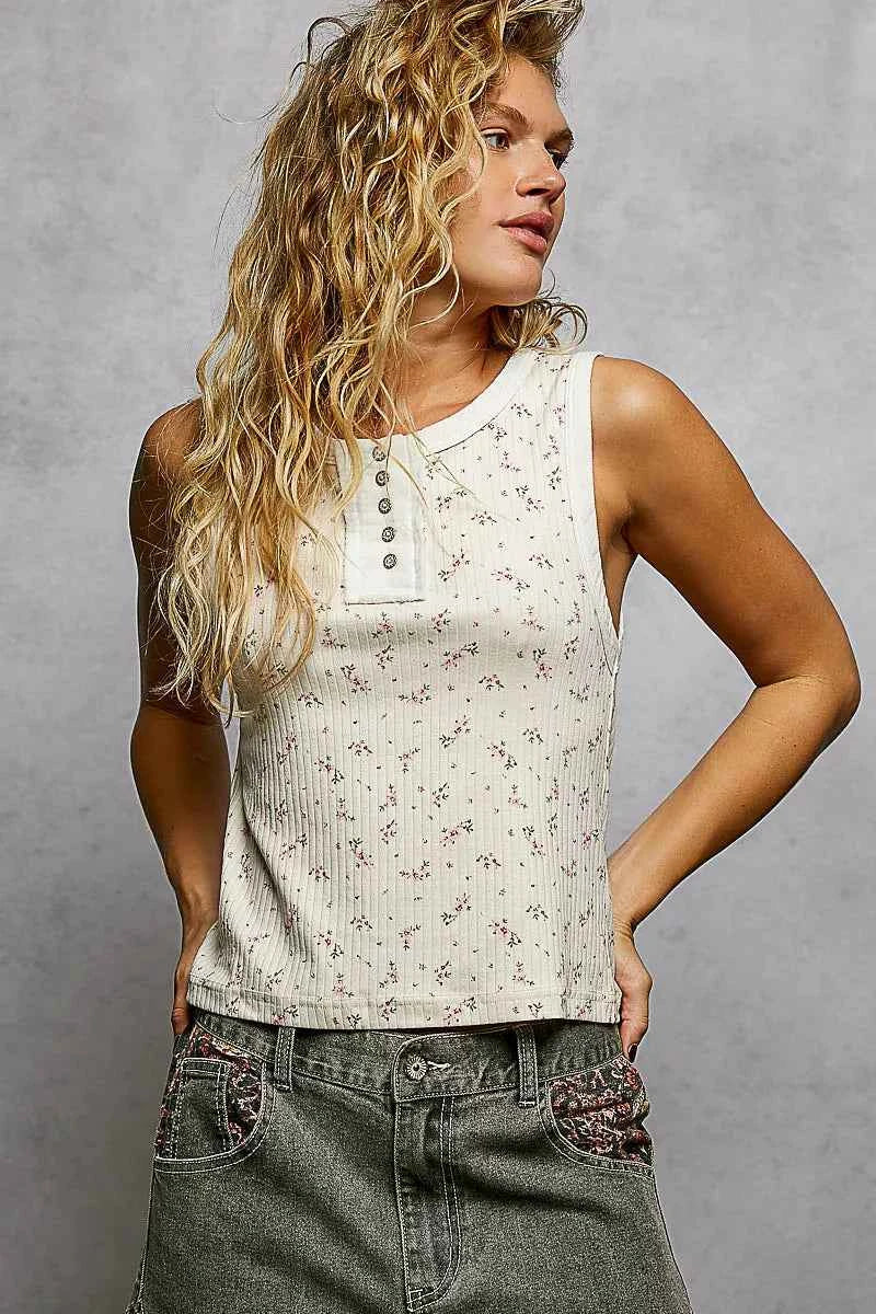 POL Vintage Floral Print Slim-Fit Knit Tank with Raw-Edge Details