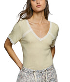 POL Lace Detail V-Neck Short Sleeve Textured T-Shirt
