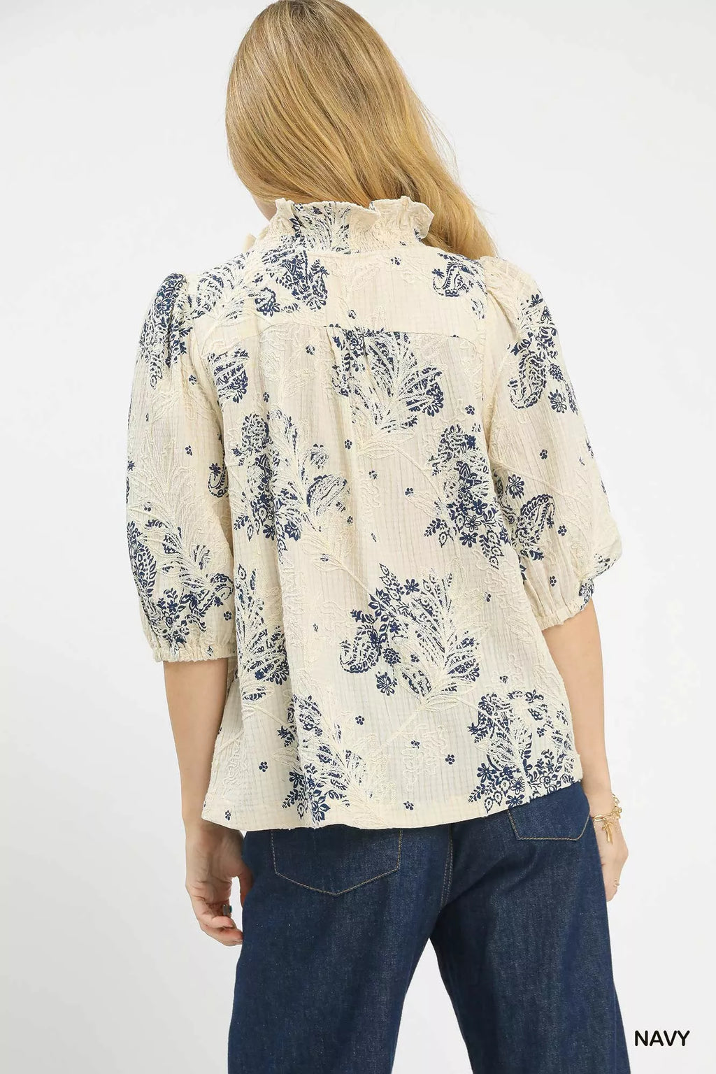 Umgee Womens Blouse Navy Floral Embroidered Top with Ruffle Trim Short Sleeve 289c02b9-1061-4009-bfbf-a40e7b9c6e7b-Max-Origin Trendsi