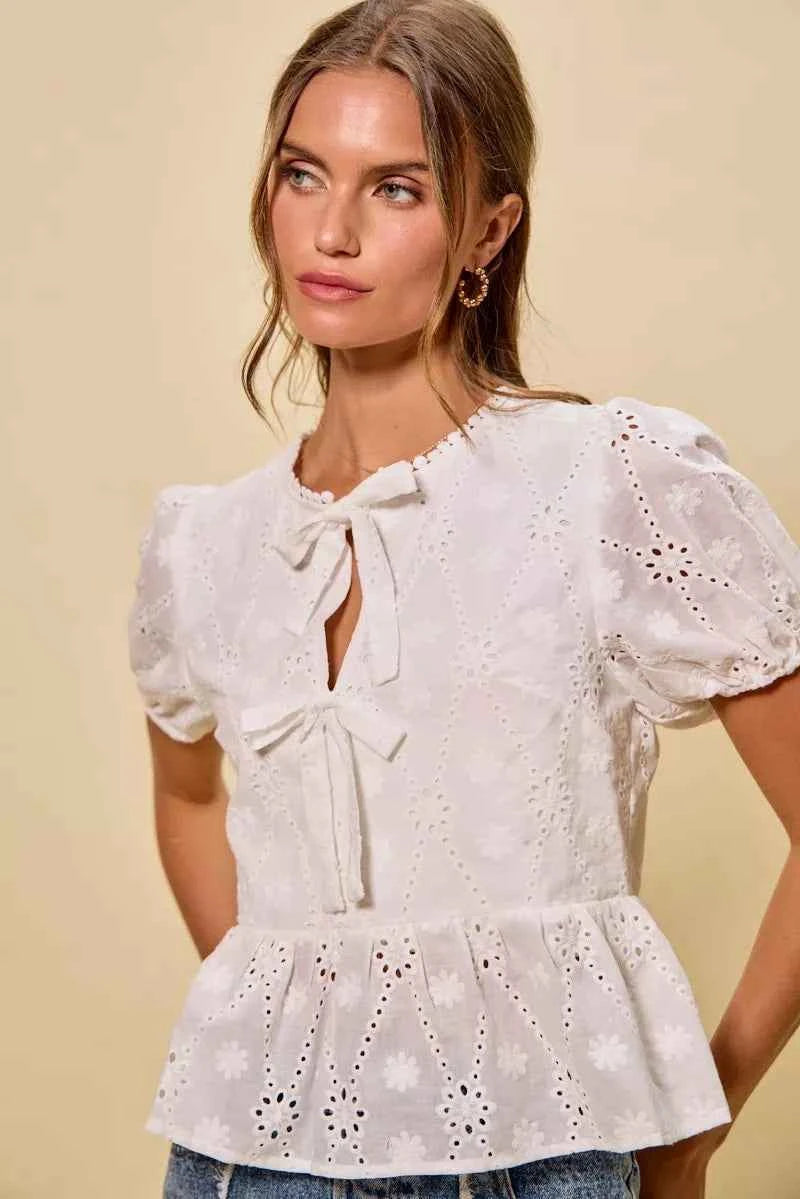 SO ME Cotton Eyelet Front Tie Short Sleeves Blouse