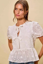 SO ME Cotton Eyelet Front Tie Short Sleeves Blouse
