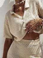 Women's Sweater Set Openwork Knit Button Up Short Sleeve Top and Mini Skirt 28a49cfccd94412c91529cde2cf85556-Max-Origin Trendsi