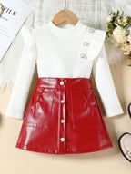 Children's Ribbed Top with Ruffled Trim and Faux Leather Skirt Two-Piece Set