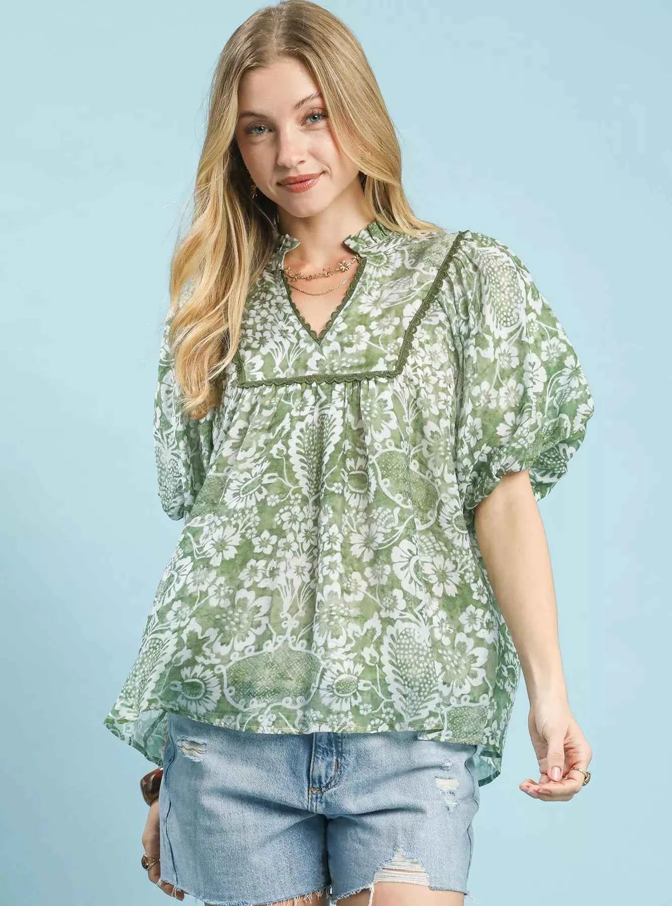 Umgee Abstract Print Ruffled Puff Sleeve Top SAGE 28b758c6-2f30-44be-84a3-cf889c445d1e-Max-Origin Trendsi