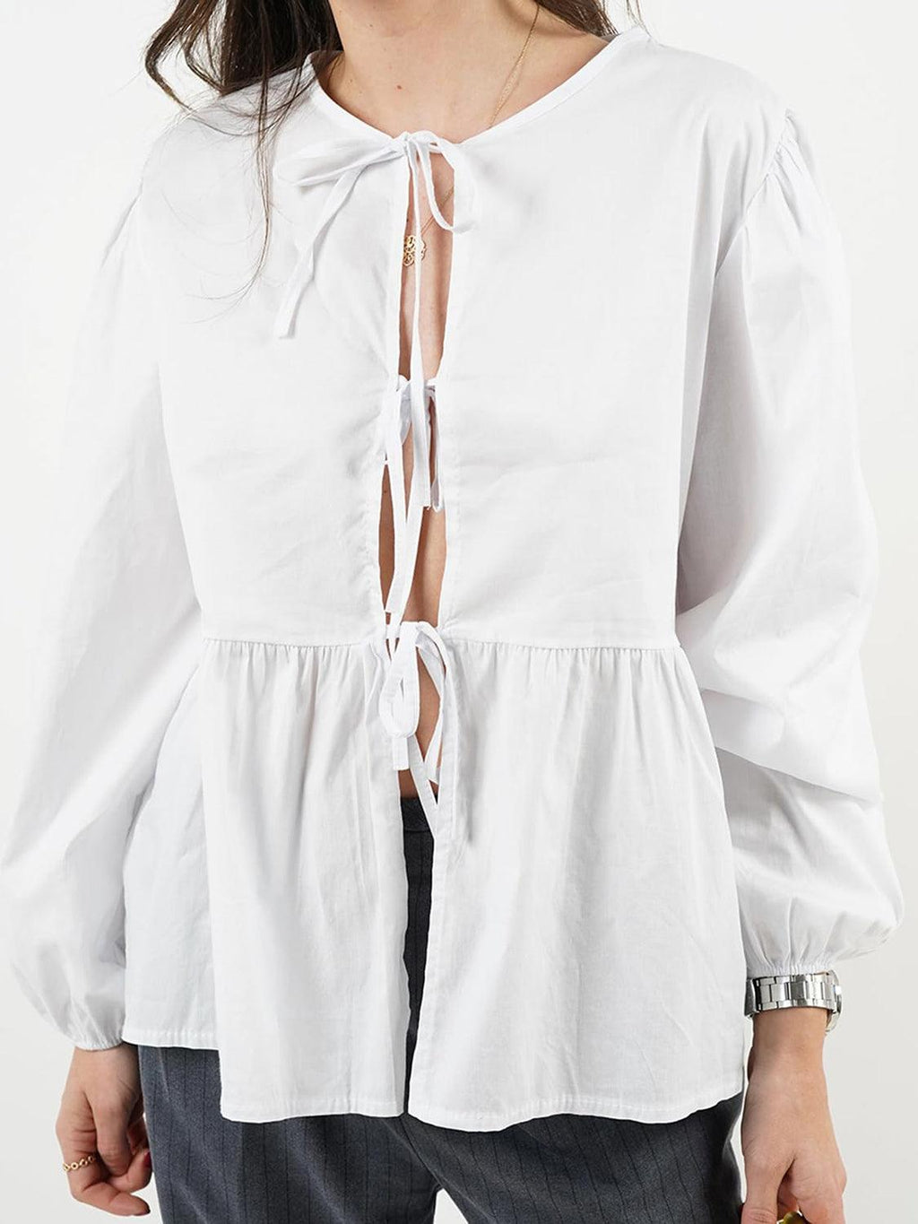 Blouse Front Tied Round Neck Long Sleeve Cotton Blend Tops 28bdaf0a-e131-47a3-8daa-117800906108-Max_bb65993d-d94d-46ce-8c97-b1992f431302 Trendsi