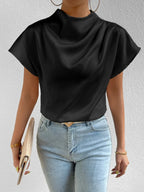 Satin Blouse Mock Neck Pleated Short Sleeve Basic Style Top 28bf00ad-ad50-4d72-9ec1-133961ebca71-Max-Origin Trendsi