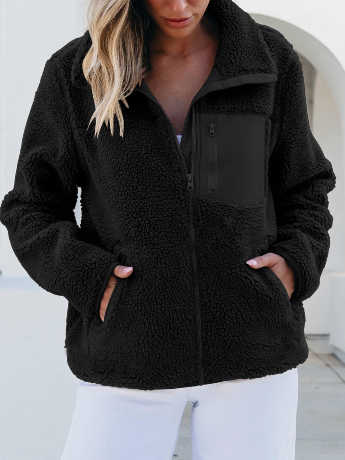 Plush Women Jacket Zip Up Long Sleeve Zip Outer Pocket Collared Outwear Black 28c00ab9-ca25-4eab-b10b-950c9ce590fe-Max Trendsi