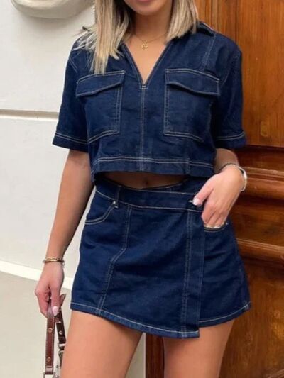 Women's Denim Set Crop Top Johnny Collar Short Sleeve and Mini Skort 2 Pcs 28cef6d9-f277-4997-a6c7-cf8fd26e5b36-Min Trendsi