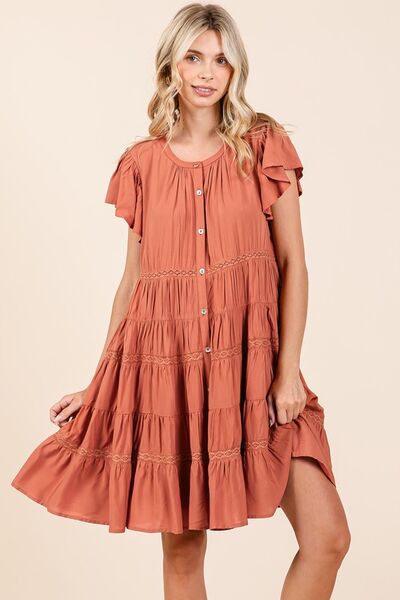 Mittoshop Ruffle Dress Lace Detail Button Down Tiered Flaired Short Sleeve Pumpkin 28cf38ab-4d5e-43a2-a2cc-934a4069925b-Min Trendsi