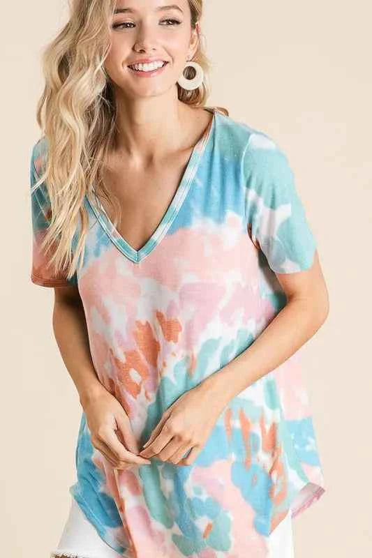 BiBi T-shirt Tie Dye Print Pink Mint Circular V Neck Top Short Sleeve 28d4be9e3e604cfba7991b2253f92cee-Max-Origin Trendsi
