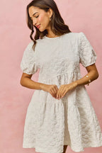 SO ME Floral Mini Dress White Jacquard Diagnol Tiered Short Sleeve 28d5386864424796aa312ce2d82c228a-Max-Origin Trendsi