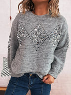 Women's Sweater Sequined Diamond Pattern Oversized Knitwear 28d8be1906694d9e833b1ee052e6c690-Max-Origin Trendsi