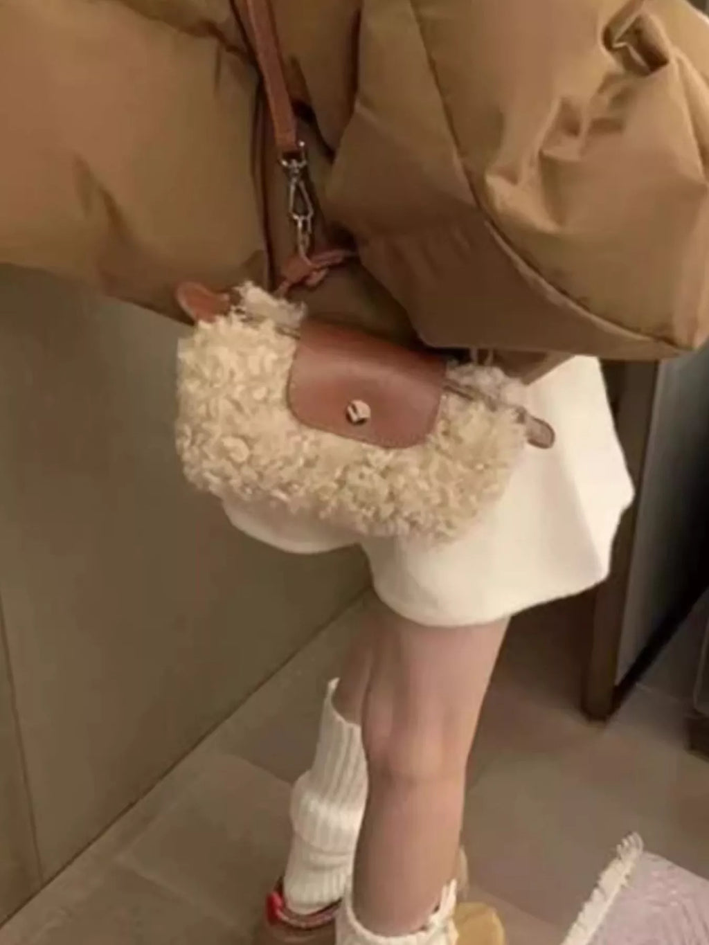 Womens Crosbody Bag Mini Kaki Fluffy Fur with Leather Accents 28e7c12b-371f-4e26-8c5c-3a09d98b44e6-Max-Origin Trendsi