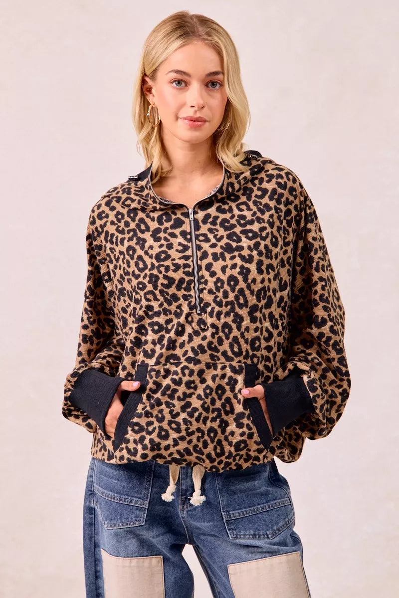 BiBi Leopard Print Hoodie Womens Waffle Half Zip Up With Pockets LEOPARD 28ed1896996347919607189777f32002-Max-Origin Trendsi