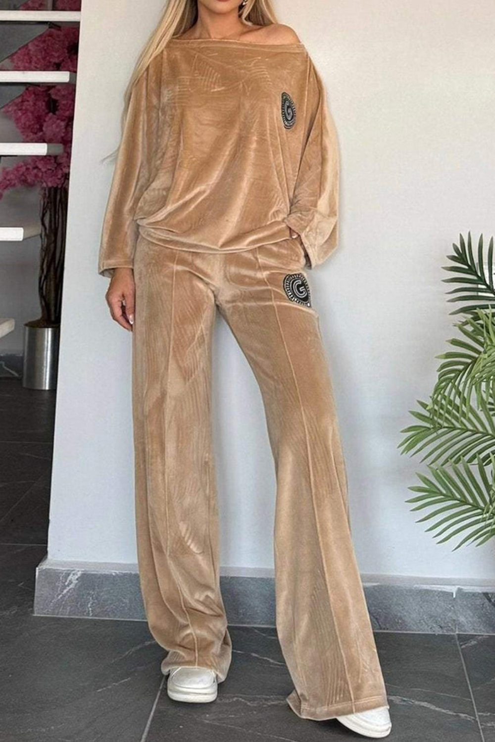 Outfit Set Women Velvet Full Size Boat Neck Long Sleeve Top and Pants Set 5XL Tan 28f58ded-ae0f-4a42-adfe-b4c6dc927451-Max Trendsi