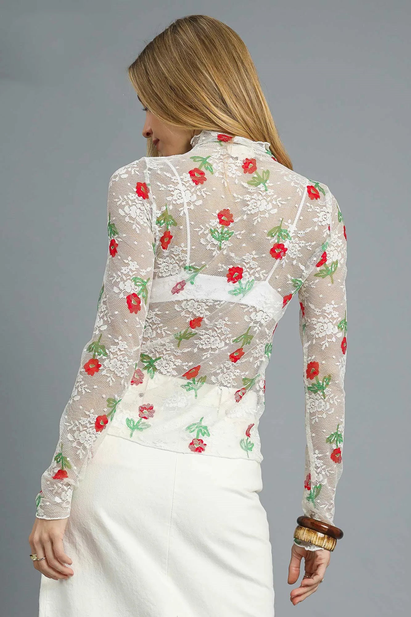 Umgee Blouse Mesh Floral White Mock Neck Long Sleeve Sheer Top 28fc74bb-2c79-4240-b4ea-c95563793505-Max-Origin Trendsi