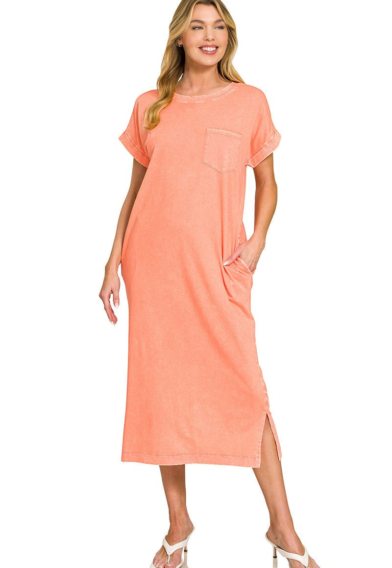 Zenana Washed Exposed Seam Short Sleeve T-Shirt Dress