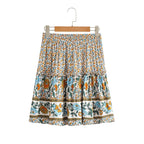 Women Floral Bohemian Outfits Strap Crop Tops Drawstring Mini Skirts Summer 2 Pcs