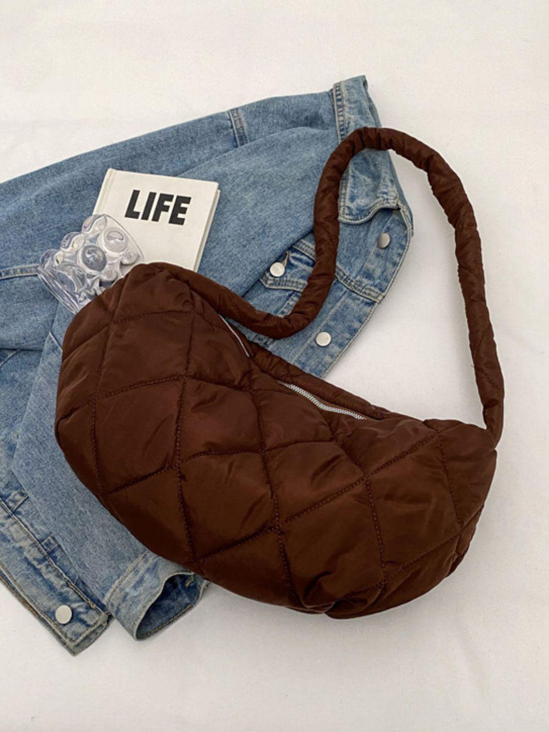 Quilted Polyester Large Crossbody Bag Zipper Hobo Handbags Brown One Size 290a2c0d-47fa-4bf3-9ce5-82ed59a93df7-Max Trendsi